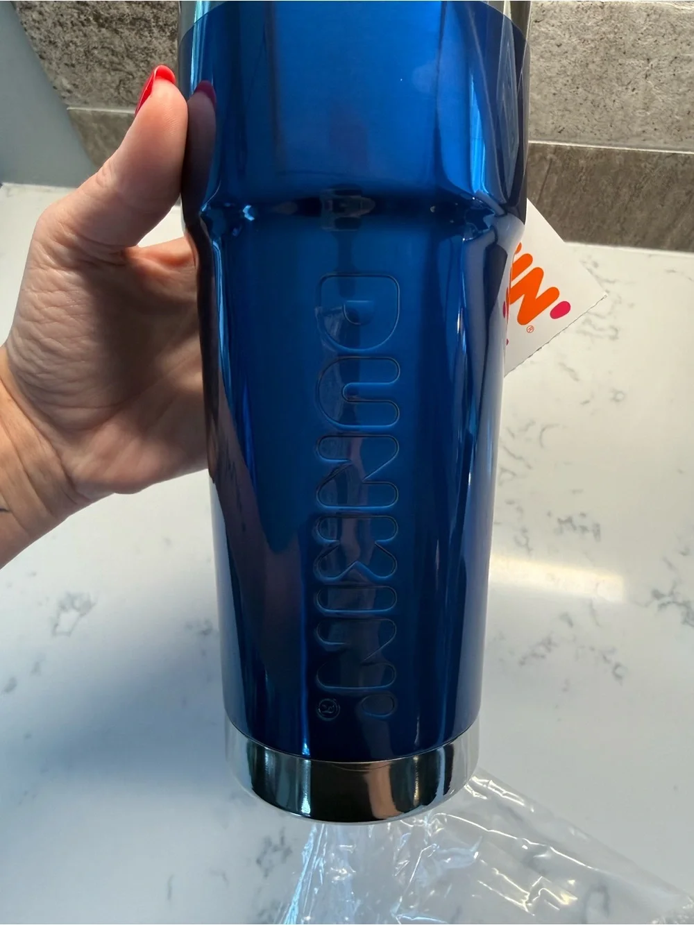 NEW RARE DUNKIN Donuts Blue Foil Metallic 24oz Insulated Tumbler Loop Travel Mug